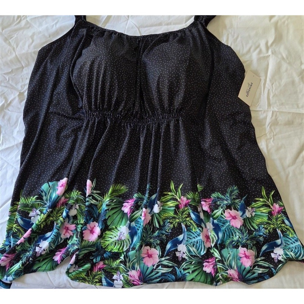NWT Swimsuits For All 42 Black Polka Dot Tropical Tankini Swimsuit 129722